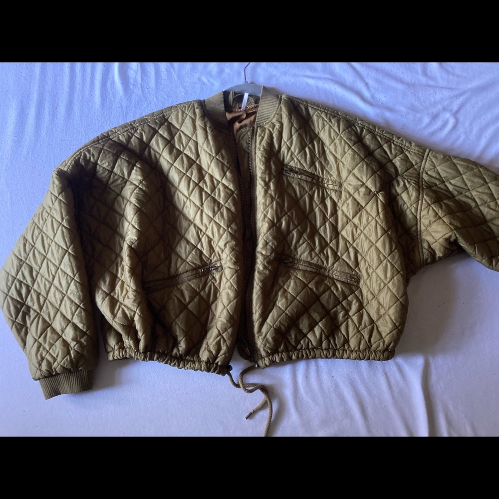 Free People Easy Quilted Bomber Olive Moss Green Jacket Cropped XS